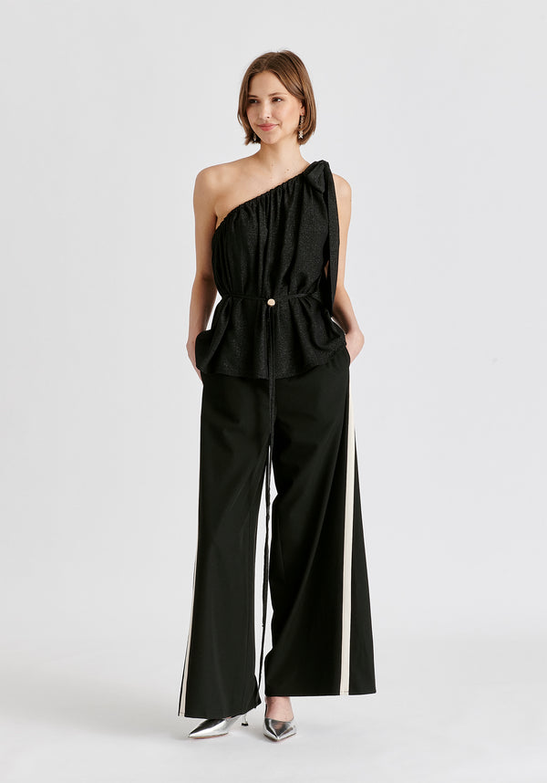 Contrast Trim Wide Leg Trousers in Black and Beige Front